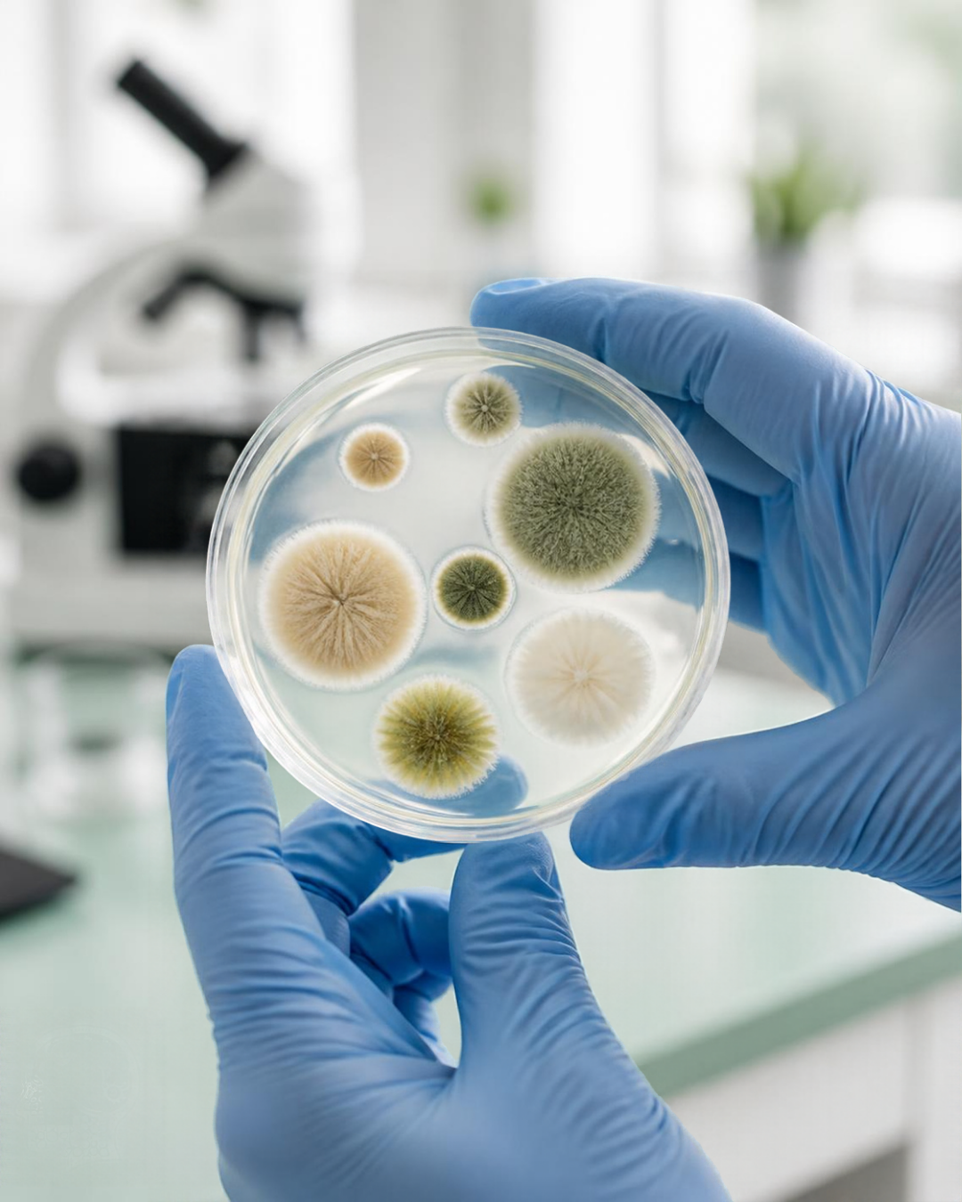 Hands holding glass petri dish with clean mold cultures