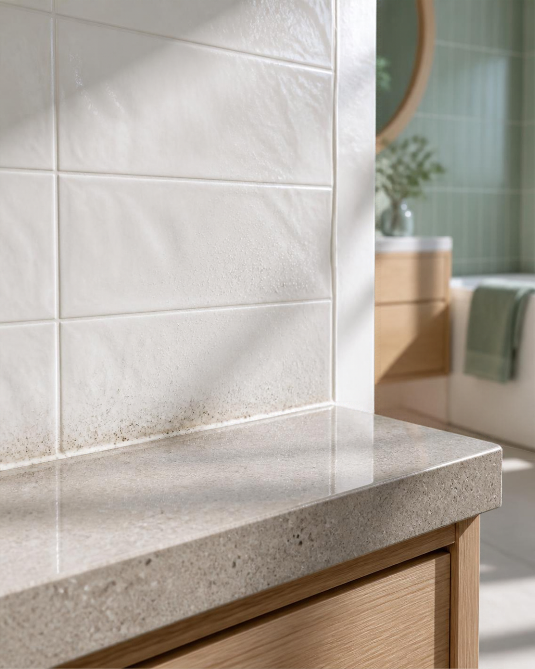 Close-up of subtle moisture spotting along bathroom tile caulk line