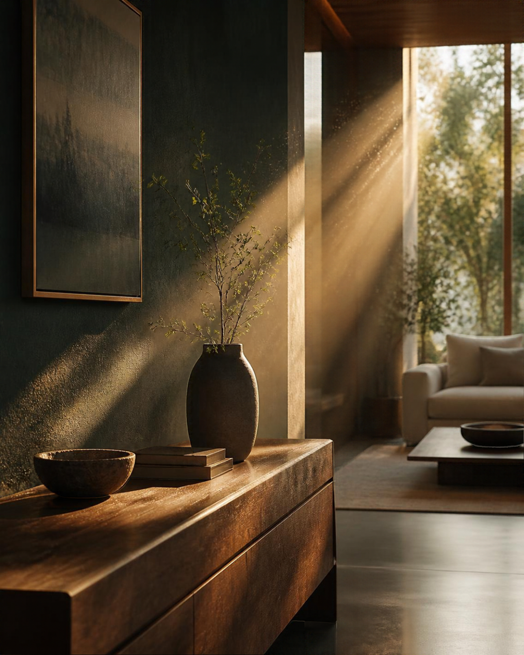 Sunlight revealing household dust particles in modern living room