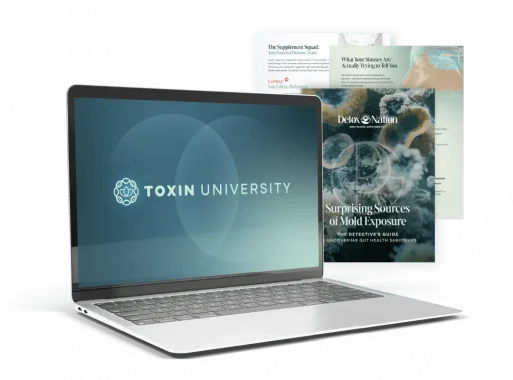Toxin University practitioner training display featuring a 'Save 20%' presale offer, clinical curriculum mockups, and the Detox Nation logo for environmental health professional education.